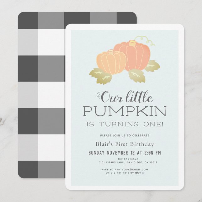 Invitación Pequeña Calabaza Azul Negro Primer cumpleaños (Anverso / Reverso)