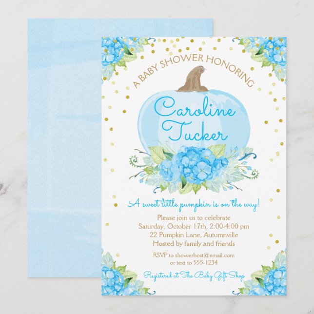 Invitación Pequeña calabaza Baby Shower acuarela azul oro (Anverso / Reverso)