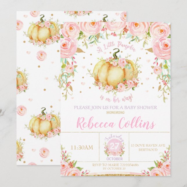 Invitación Pequeña Calabaza Baby Shower Bebé Floral Rosa (Anverso / Reverso)