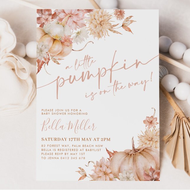 Invitación Pequeña Calabaza Baby Shower Caer Flor Rosa (A little pumpkin is on the way! Matching items available.)