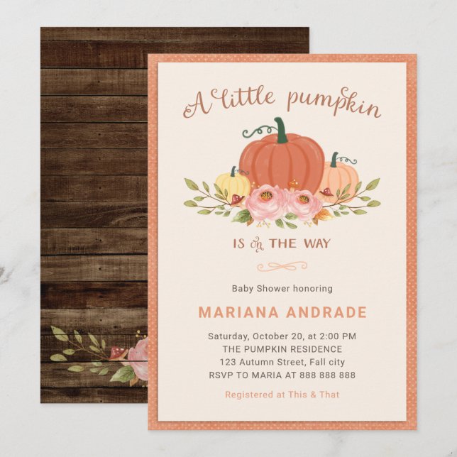 Invitación Pequeña calabaza Baby Shower Rústica Caída Floral  (Anverso / Reverso)