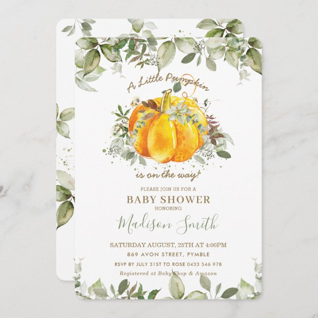 Invitación Pequeña calabaza Baby Shower verde género neutro (Anverso / Reverso)