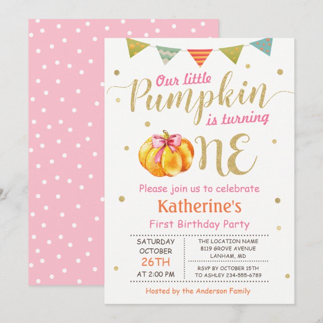 Invitación Pequeña Calabaza Bebé Primera Fiesta de Cumpleaños (Anverso / Reverso)