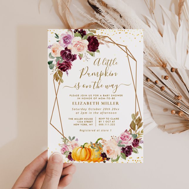 Invitación pequeña calabaza berry otoño florido bebé ducha (Subido por el creador)