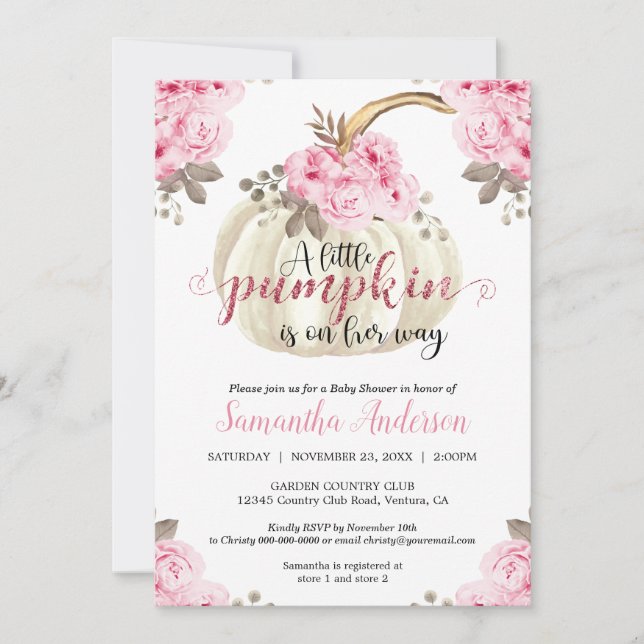 Invitación Pequeña Calabaza Blanca Chica Floral Rosa Baby Sho (Anverso)