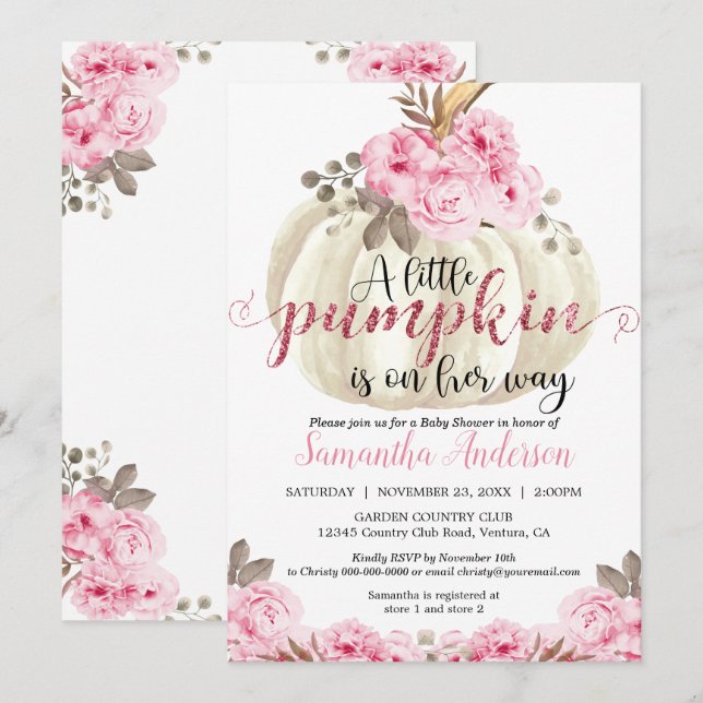 Invitación Pequeña calabaza blanca rosada Baby Shower floral (Anverso / Reverso)