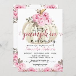Invitación Pequeña calabaza blanca rosada Baby Shower floral