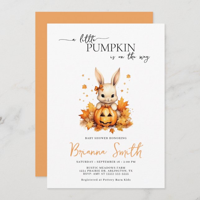 Invitación Pequeña calabaza Bungalow bebé otoño Baby Shower (Anverso / Reverso)