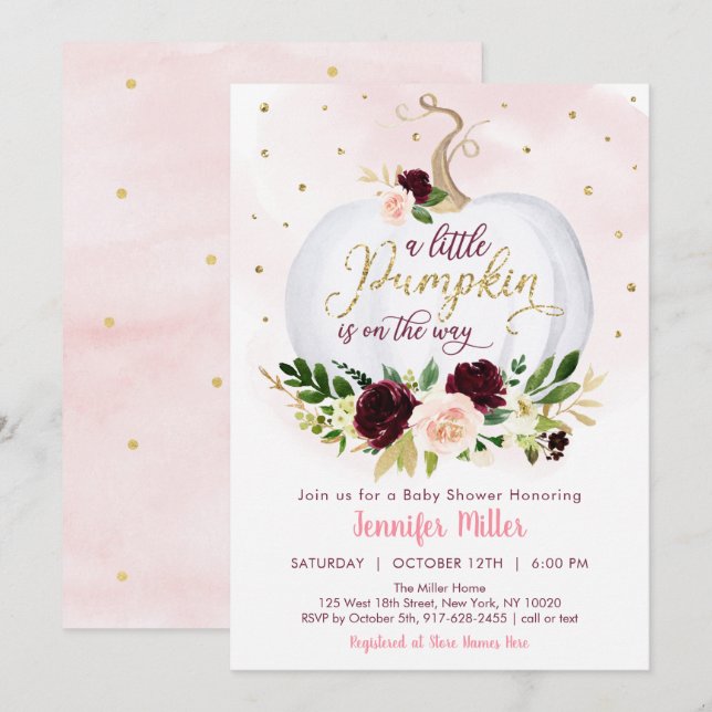 Invitación Pequeña calabaza Burgundy Floral Baby Shower (Anverso / Reverso)