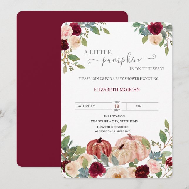 Invitación Pequeña Calabaza Burgundy Flowers Baby Shower (Anverso / Reverso)