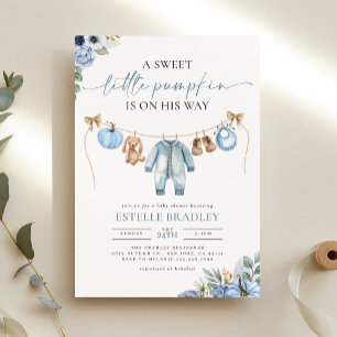 Invitación Pequeña Calabaza Cae Azul Floral Boy Baby Shower