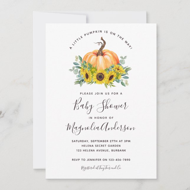 Invitación Pequeña Calabaza Cae Baby Shower de girasol (Anverso)