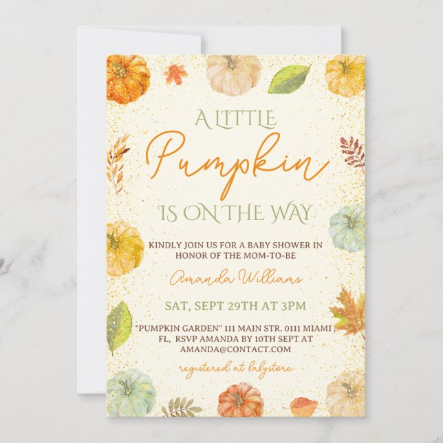 Invitación Pequeña Calabaza Cae Baby Shower Neutral (Anverso)