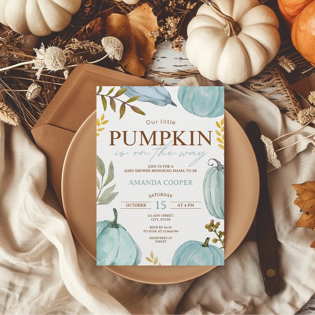 Invitación Pequeña Calabaza Cae Blue Boy Baby Shower (Out little pumpkin is on the way baby shower invitation boy)