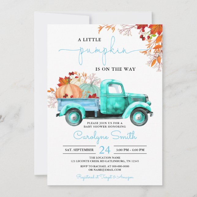 Invitación Pequeña calabaza Cae Blue Truck Baby Shower (Anverso)