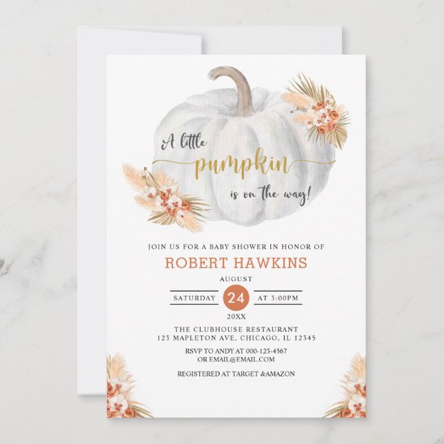 Invitación Pequeña Calabaza Cae Boho Pampas Grasa Baby Shower (Anverso)