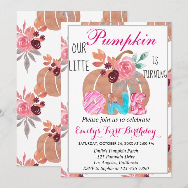 Invitación Pequeña Calabaza Cae Donut Candy Primer cumpleaños (Anverso / Reverso)
