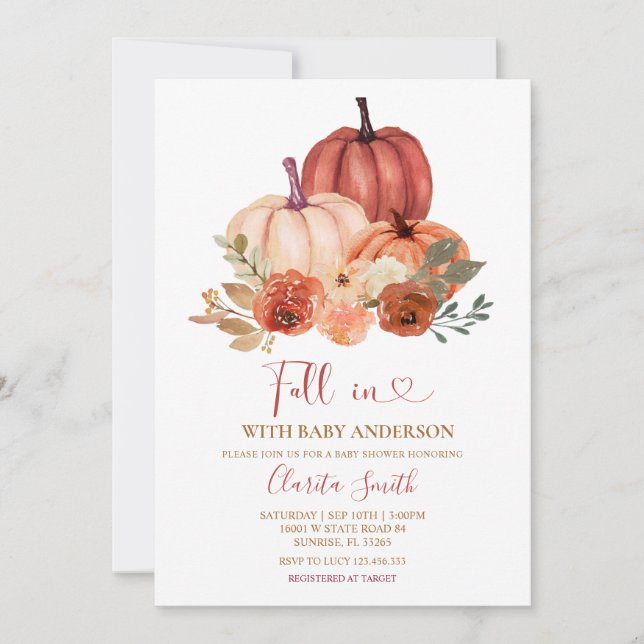 Invitación Pequeña Calabaza cae en el amor Baby Shower (Anverso)