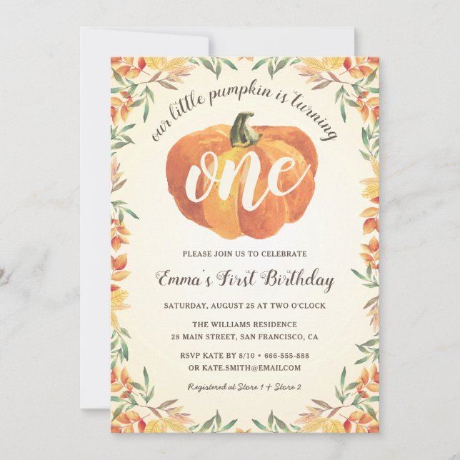 Invitación Pequeña Calabaza Cae Primera Fiesta de Cumpleaños  (Anverso)