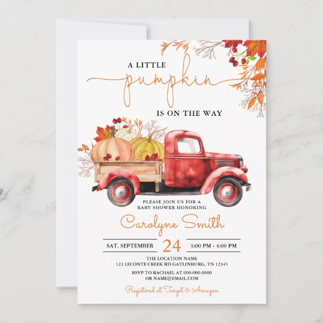 Invitación Pequeña Calabaza Cae Red Truck Baby Shower (Anverso)