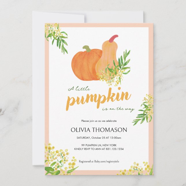 Invitación Pequeña Calabaza Caída Flora Acuática Bebé Ducha (Anverso)