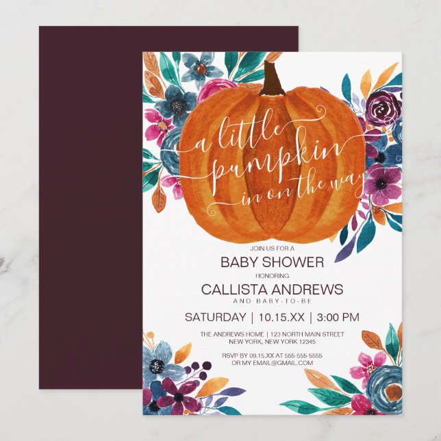 Invitación Pequeña Calabaza Caída Floral Acuarela Baby Shower (Anverso / Reverso)