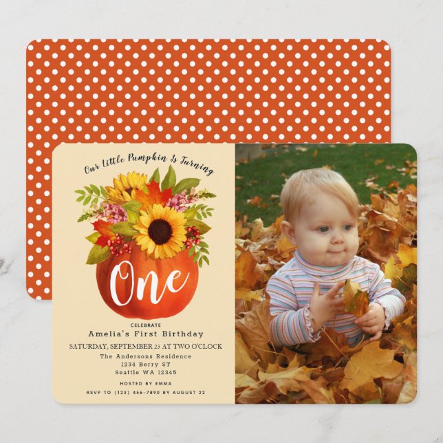 Invitación Pequeña Calabaza Caída Otoño Primer Cumpleaños Fot (Anverso / Reverso)