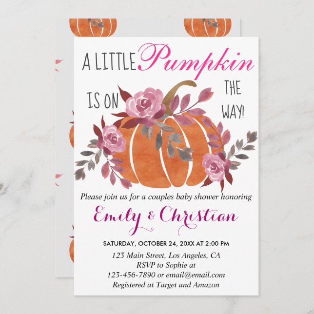 Invitación Pequeña Calabaza Caída Parejas Baby Shower Floral (Anverso / Reverso)