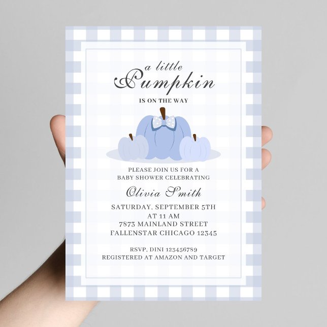 Invitación Pequeña Calabaza Caída Pastel Azul Bow Baby Shower (Subido por el creador)