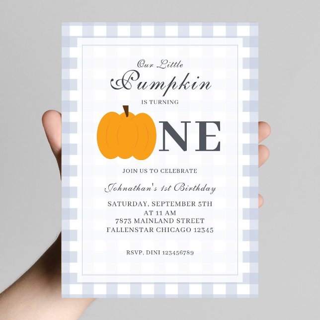Invitación Pequeña Calabaza Caída Pastel Azul Primer Cumpleañ (Subido por el creador)