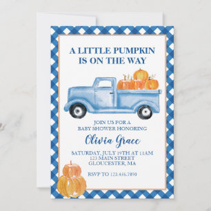 Invitación Pequeña Calabaza Camión Azul Fiesta de Bebé Otoño