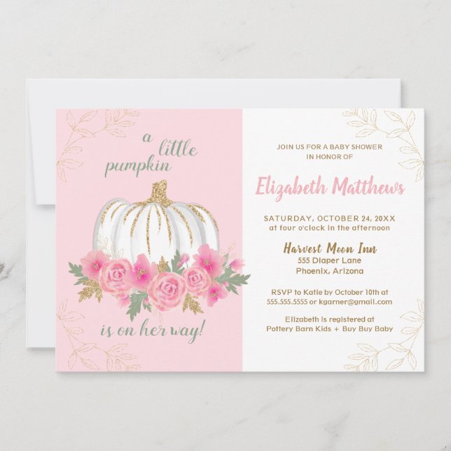 Invitación Pequeña Calabaza Chica de Oro Rosado Baby Shower (Anverso)