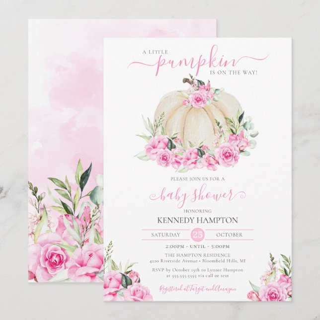 Invitación Pequeña Calabaza Chica floral rosa blanco Baby Sho (Anverso / Reverso)