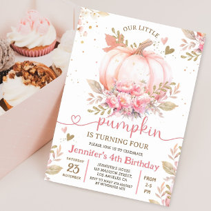 Invitación Pequeña Calabaza Chica Floral Rosa Cae 4to cumplea