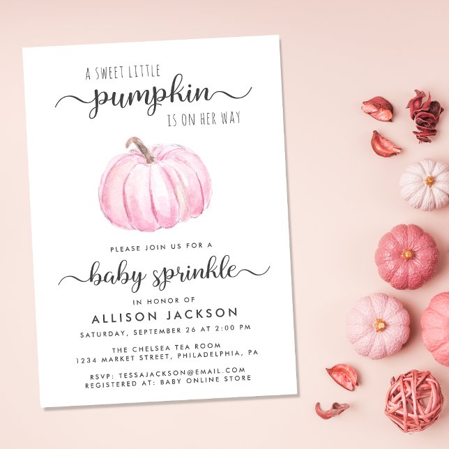 Invitación Pequeña Calabaza Color Rosa Bebé Chica Espolvorosa (Celebrate the upcoming arrival of your sweet little autumn baby with a pumpkin-themed baby sprinkle)