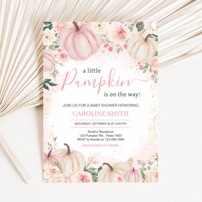 Invitación Pequeña Calabaza con Verdor Floral Rosa (Greenery Floral Pumpkin Invitation
)