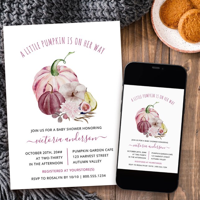 Invitación Pequeña calabaza cosecha Berry Baby Shower rosa (Little Pumpkin fall baby shower invitation from my Little Pumpkin collection)