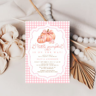 Invitación Pequeña Calabaza Cuidada Chica Rosado Bow Baby Sho