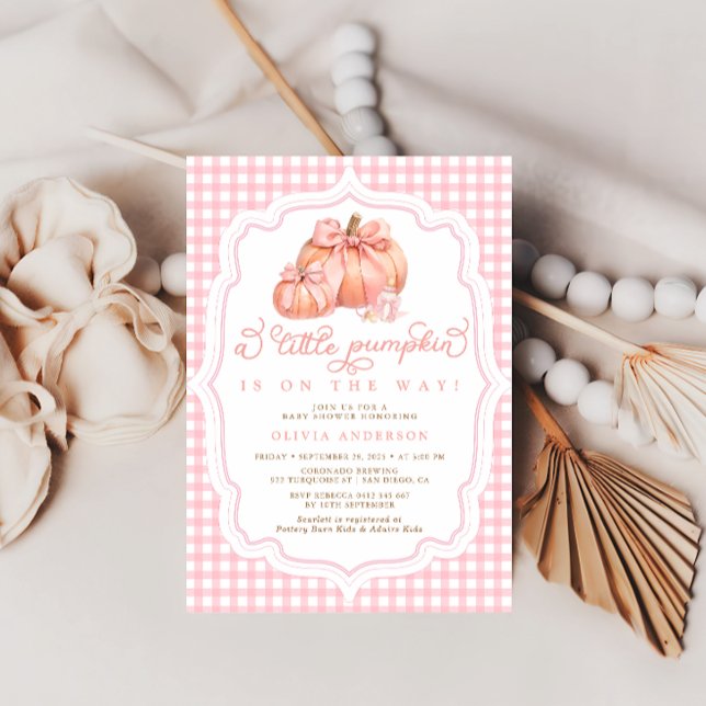 Invitación Pequeña Calabaza Cuidada Chica Rosado Bow Baby Sho (Subido por el creador)