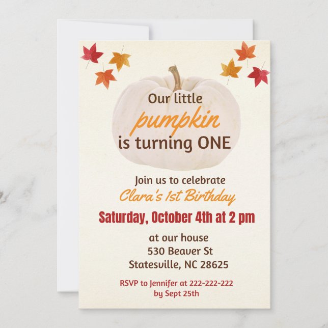 Invitación pequeña calabaza cumple UNO (Anverso)