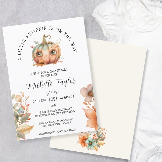 Invitación Pequeña Calabaza Cuta Baby Shower Floral de otoño (cute kawaii pumpkin)