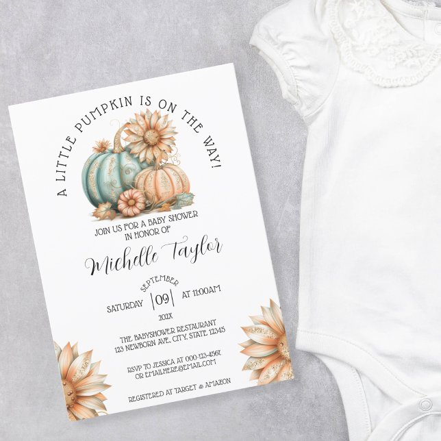 Invitación Pequeña Calabaza Cuta Baby Shower Floral de otoño (boho pumpkins and sunflowers)