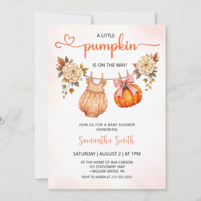 Invitación Pequeña Calabaza Cuta Cae El Otoño Baby Shower (Anverso)