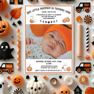 Invitación Pequeña Calabaza Cute Fotos Fantasma Primer Cumple