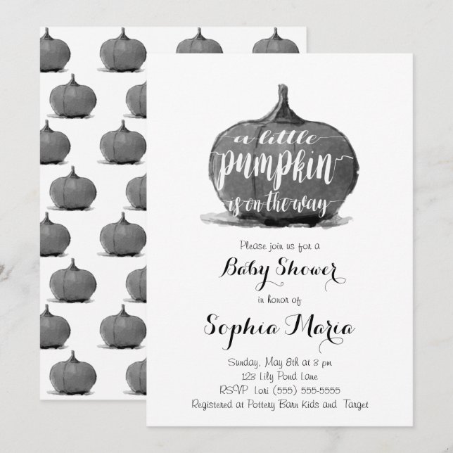 Invitación Pequeña calabaza de Baby Shower blanco y negro (Anverso / Reverso)