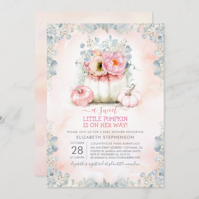 Invitación Pequeña Calabaza de Oro Rosa Elegante Baby Shower (Anverso / Reverso)