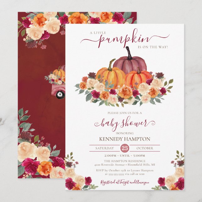 Invitación Pequeña Calabaza de otoño Floral Caída Baby Shower (Anverso / Reverso)