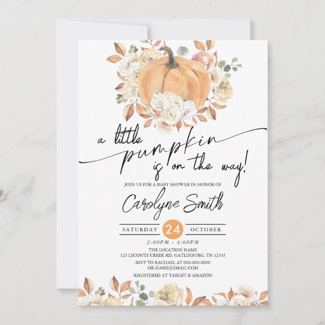 Invitación Pequeña Calabaza de otoño Floral Caída Baby Shower (Anverso)