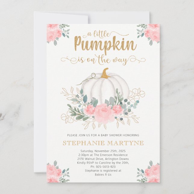 Invitación Pequeña Calabaza Dorada Rosa Flora Baby Shower (Anverso)