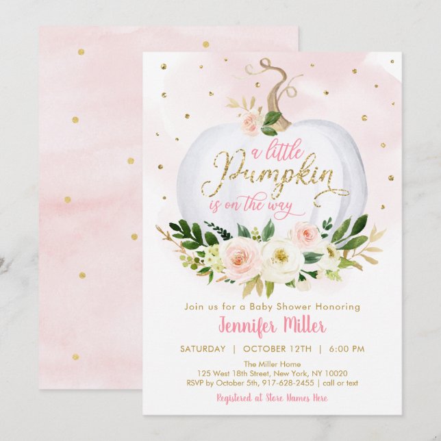 Invitación Pequeña Calabaza Dorada Rosa Floral Baby Shower (Anverso / Reverso)